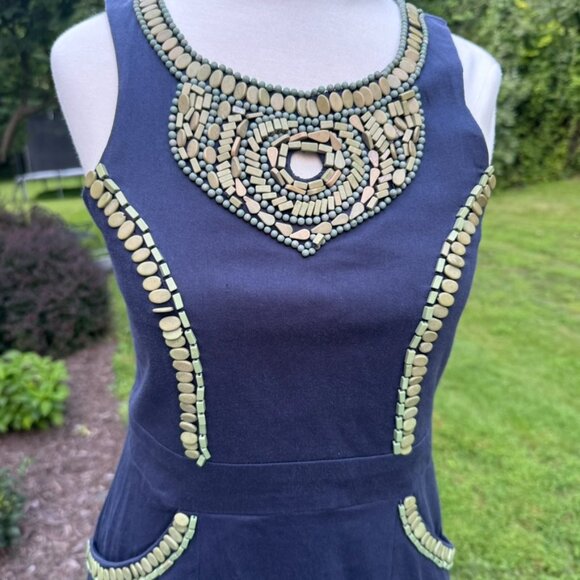 Gretchen Scott Navy Blue~Green Beaded Sleeveless Dress Size XS - Picture 3 of 12